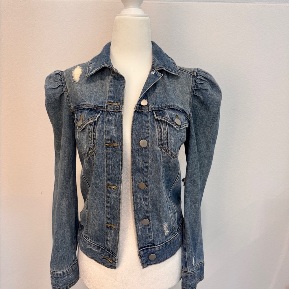 Stylish Blue Distressed Denim Jacket with puffy sleeves - size xs